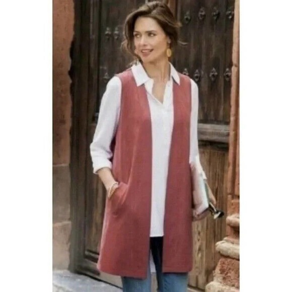 Soft Surroundings Cardigan Pink Faux Suede Look Vest Open Front PSX Petite - Picture 2 of 8